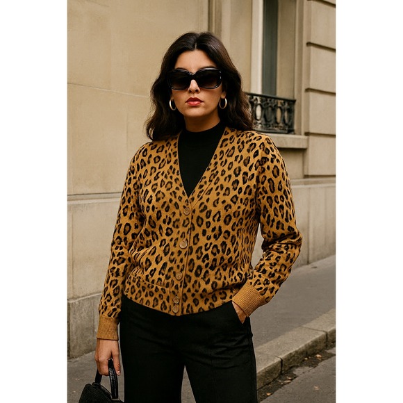 Rosio Leopard Print Fleece Lined Brown Black Button Up Cardigan Medium - Picture 1 of 8